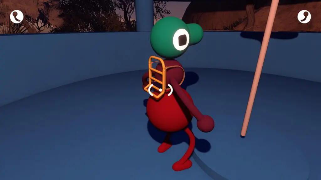 A Big Walk player wears a backpack frame while a teammate targets its attachment point