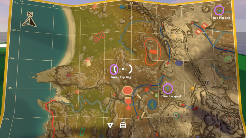 The handheld map's upper-left area marked with Green Hip Bag, Blue Backpack, and Red Hip Bag locations