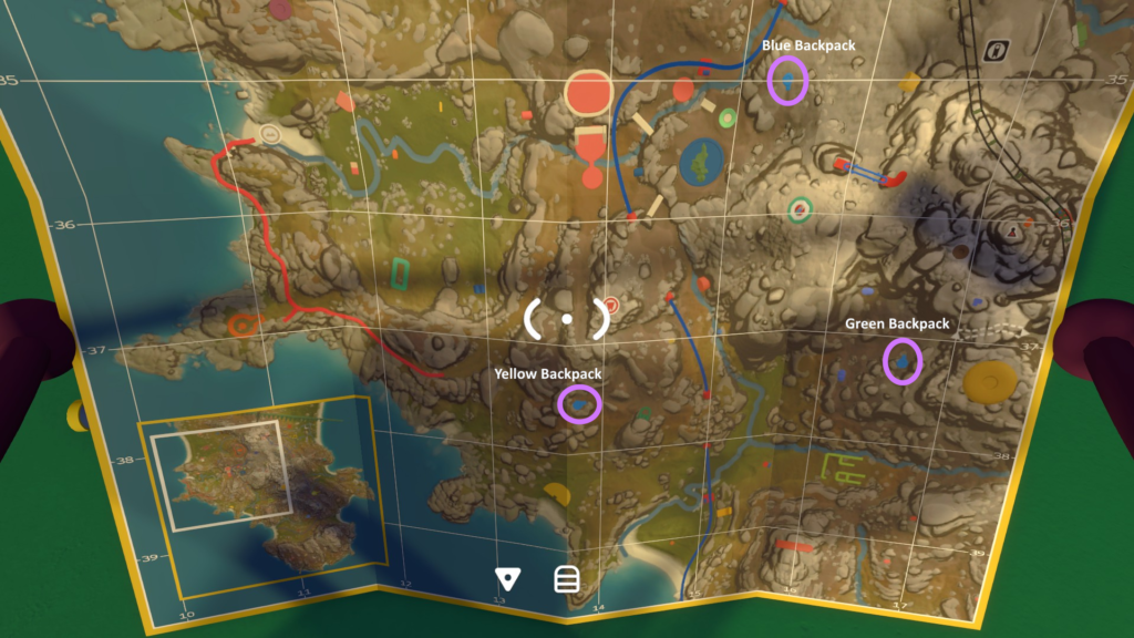 The handheld map marked with Yellow Backpack, Green Backpack, and Blue Backpack locations