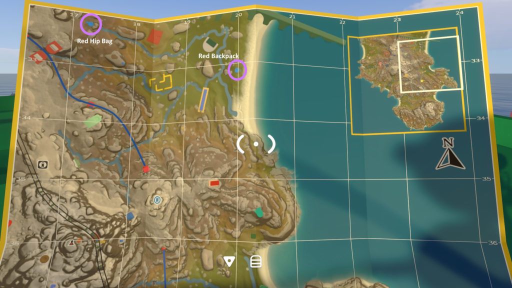 The handheld map's upper-right coastline marked with a Red Backpack and Red Hip Bag