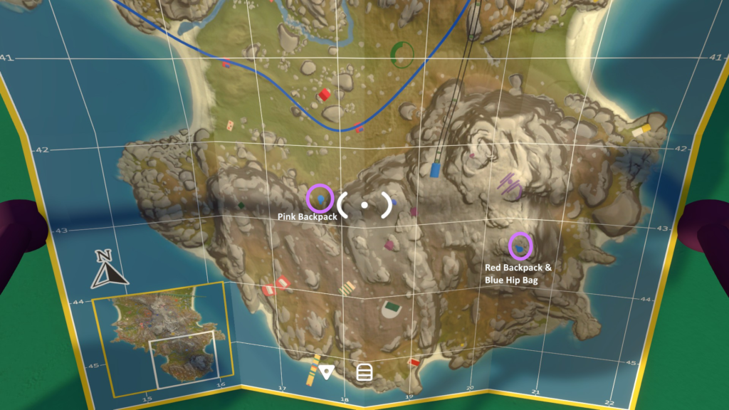 The far-south map marked with a Pink Backpack and a shared Red Backpack and Blue Hip Bag building
