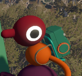 A Big Walk character wearing a green backpack with a circular side opening