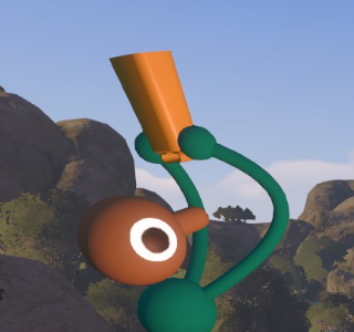A Big Walk player holds an orange cowbell overhead