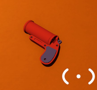 A red Big Walk flare gun resting on an orange surface