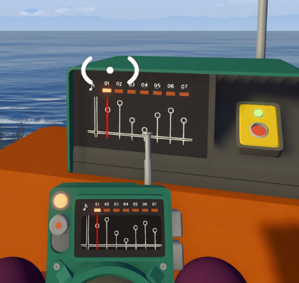 A handheld radio in front of a full-sized receiver with seven numbered channels