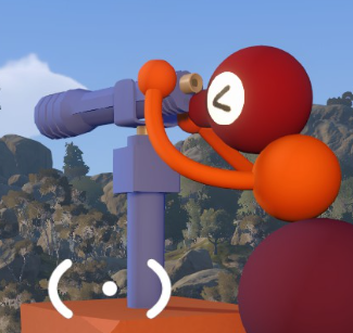 A Big Walk player looks through a mounted purple telescope