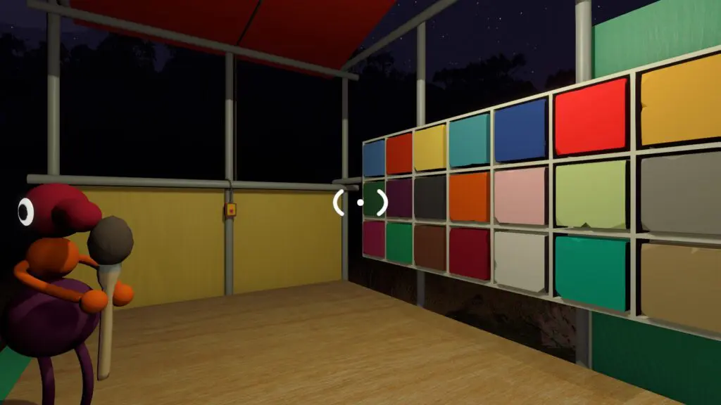 A Big Walk player holds the paintbrush directly in front of the wall-mounted colour palette