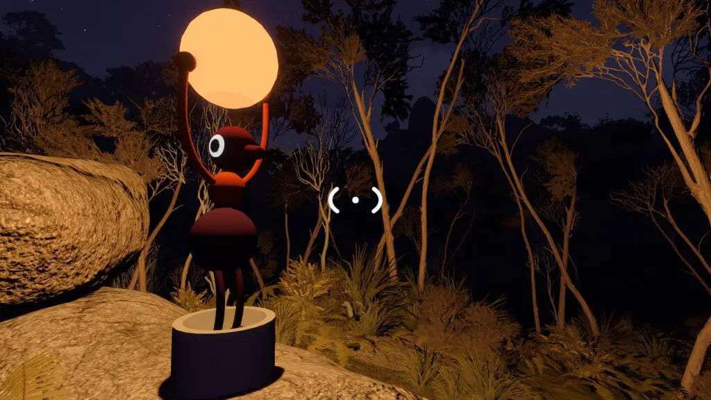 A Big Walk player raises a glowing round lantern in a dark wooded area