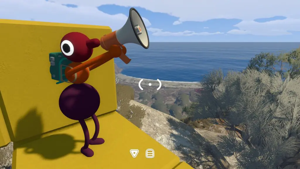 A Big Walk player speaks through a grey megaphone from a high yellow platform