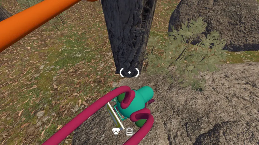 One Big Walk character is positioned directly on top of another near a tree and rocks