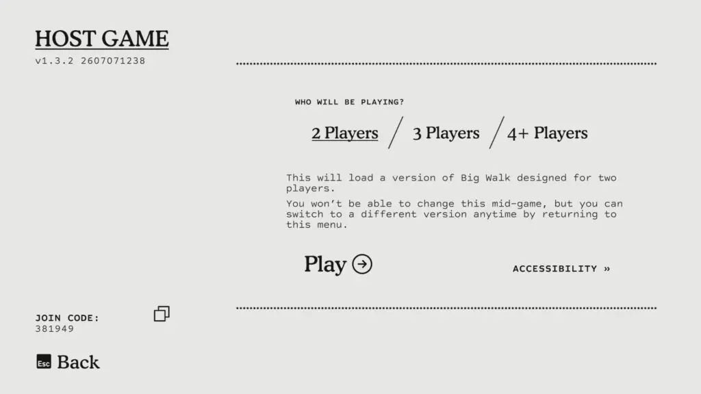 The Host Game menu showing player-count choices and a six-digit Join Code