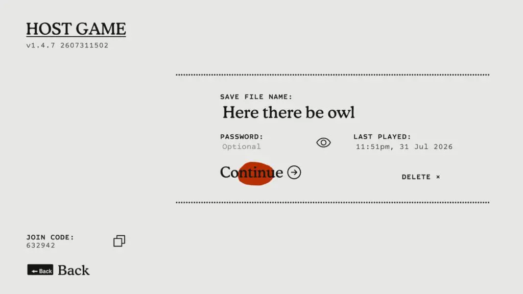 A Big Walk existing save file with Continue, Last Played, Password, Delete, and a new Join Code