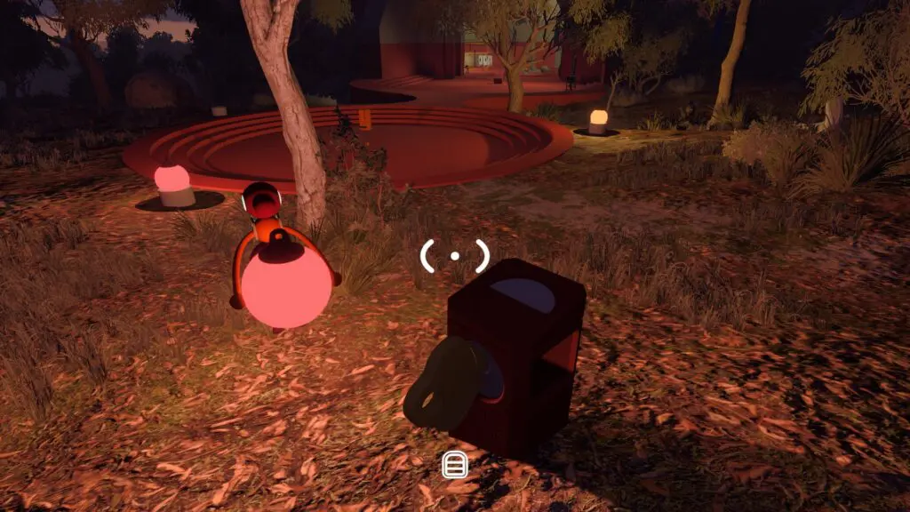 A player approaches the red circular platforms with the blue Map Room beyond them at night