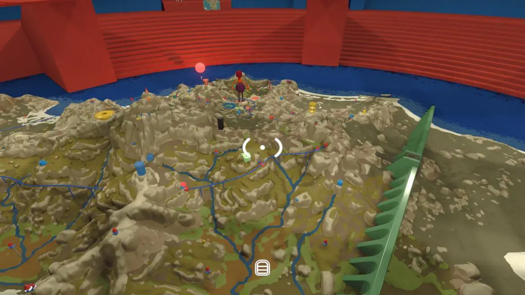 Two players stand on opposite sides of the Map Room's island terrain model