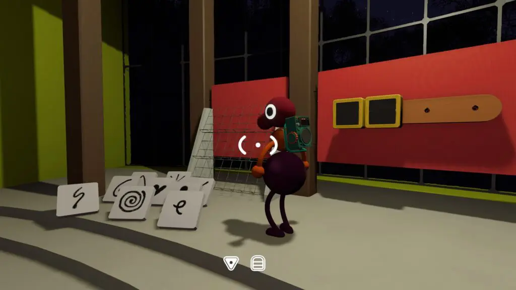 A player arranges symbol pieces beside two display windows in the split room