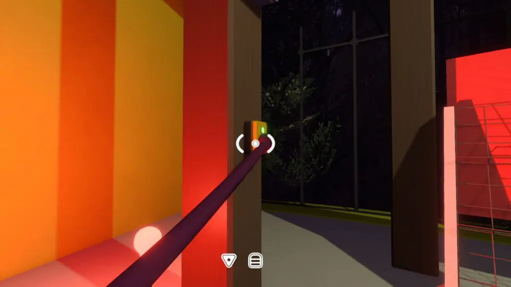 A player presses the illuminated red-light signal button in the left split room