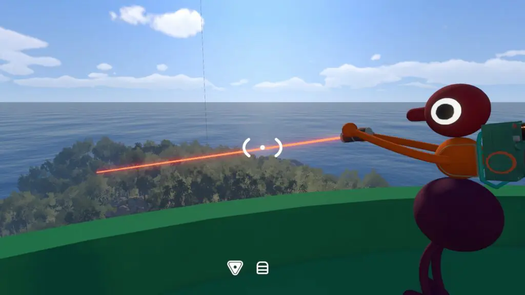 A laser from Green Tower points toward the blue invisible-symbol building