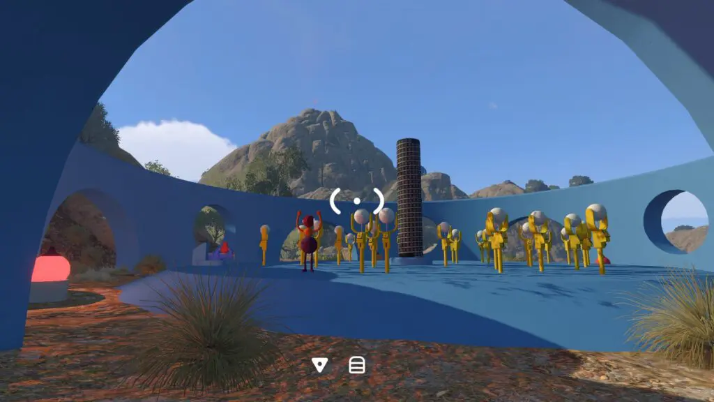 The blue circular arena is filled with yellow lamp stands around a tall central progress column