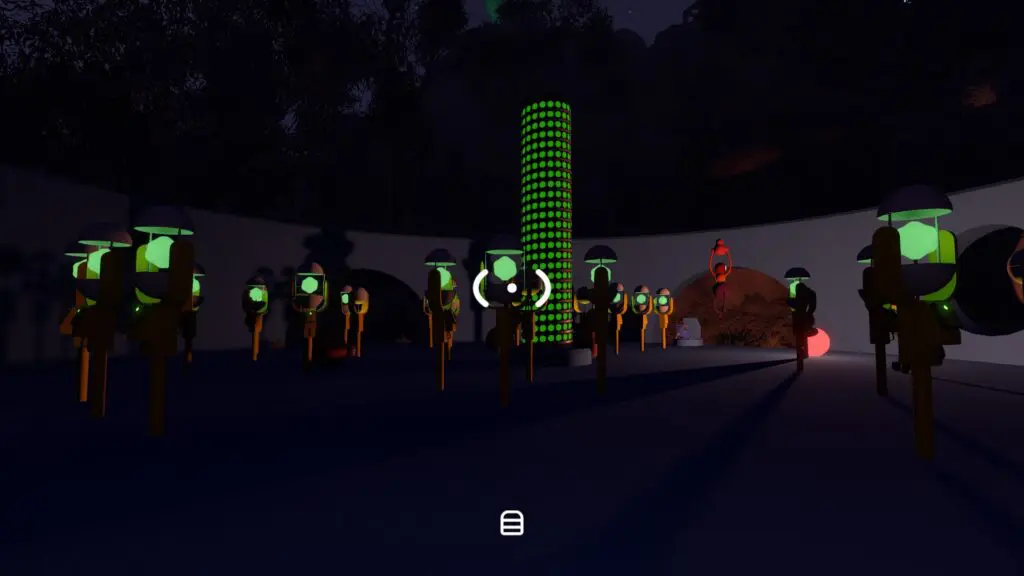 All selected arena lamps and the central column glow green at night