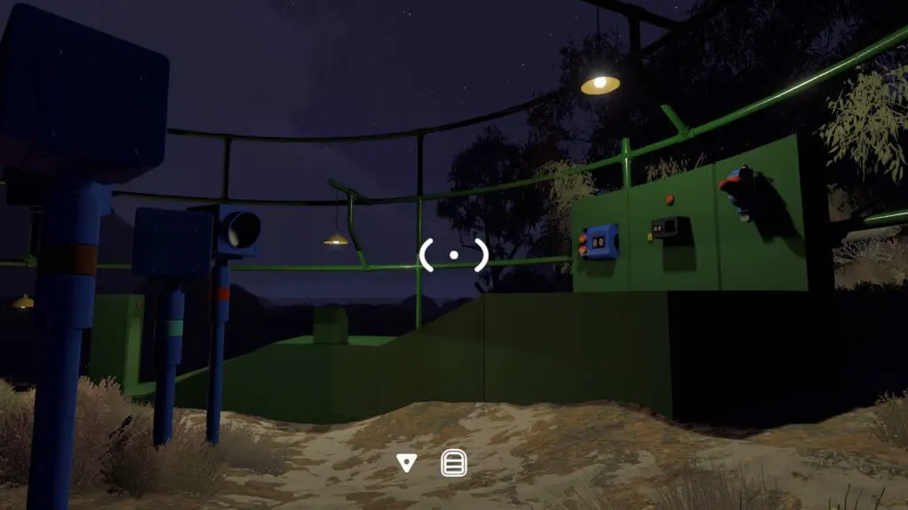 The green arena contains wall controls and multiple tall blue lamp columns