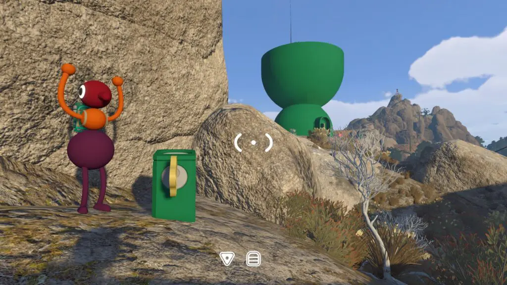 A player carries the key uphill with Green Tower visible behind the rocks