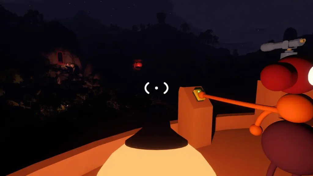 A player holds the telescope-platform button while a red signal glows across the valley