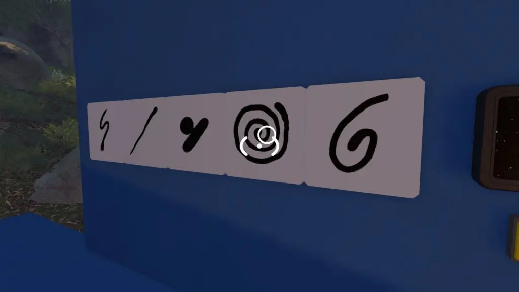 An example set of five symbol pieces placed across the Blue House answer board