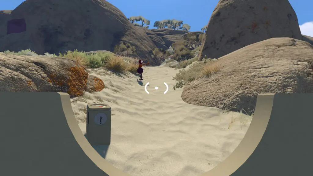 The first key cutter's top arrow points along the sandy path between rocks