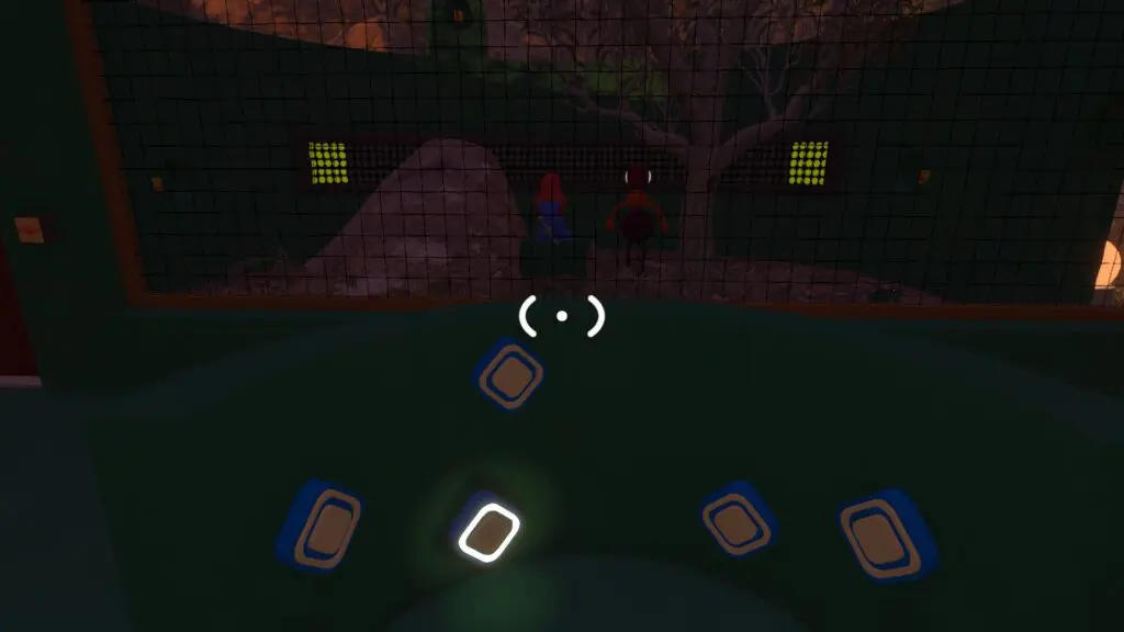 An outside player sees the silent-room participant through the glass and has five handled inputs below