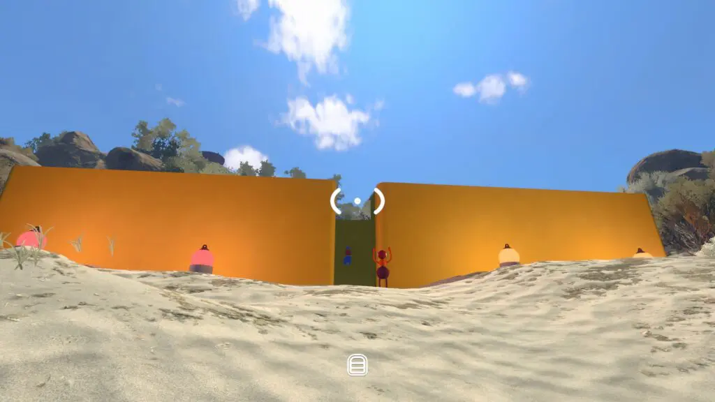 Two players stand at opposite sides of the orange-walled beach maze