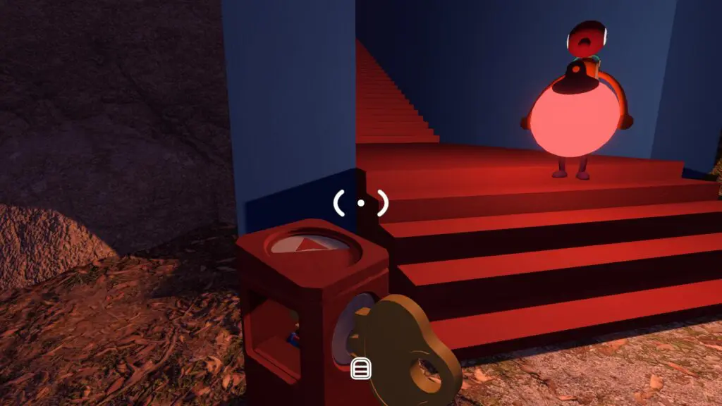 The shaped key reaches the cutter beside the long red Map Room staircase