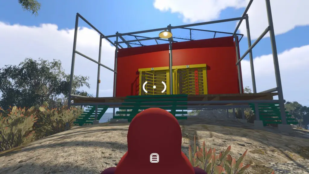 The red symbol house has two yellow turnstile entrances on a raised platform
