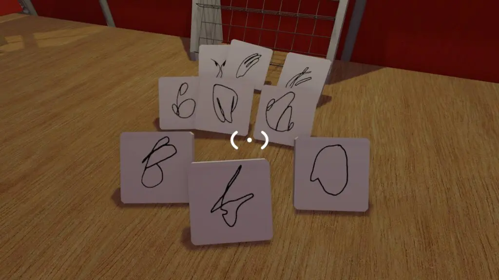 Nine handwritten symbol pieces are spread on the turnstile-house floor