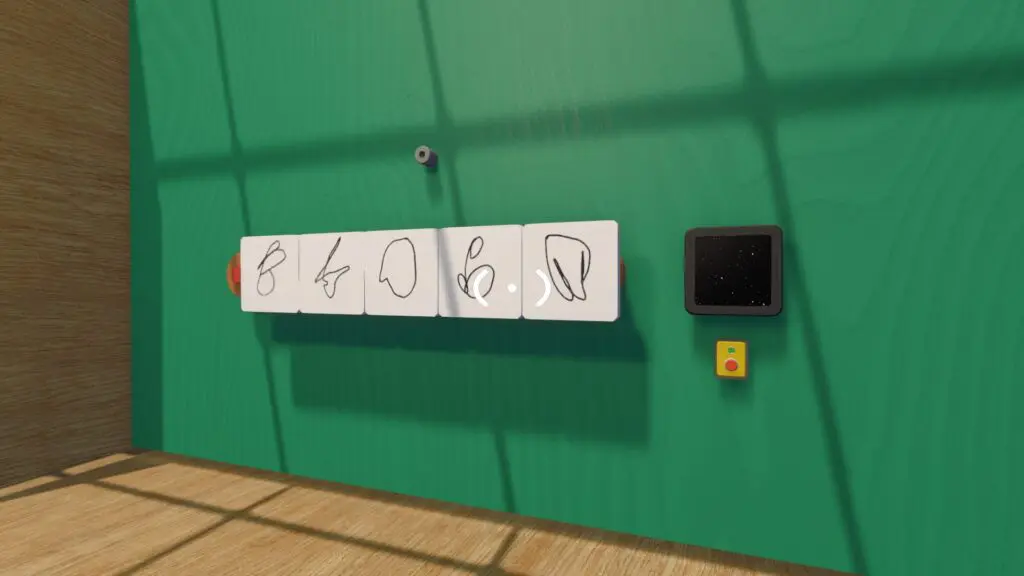 Five handwritten symbol pieces are placed in sequence beside the submit screen