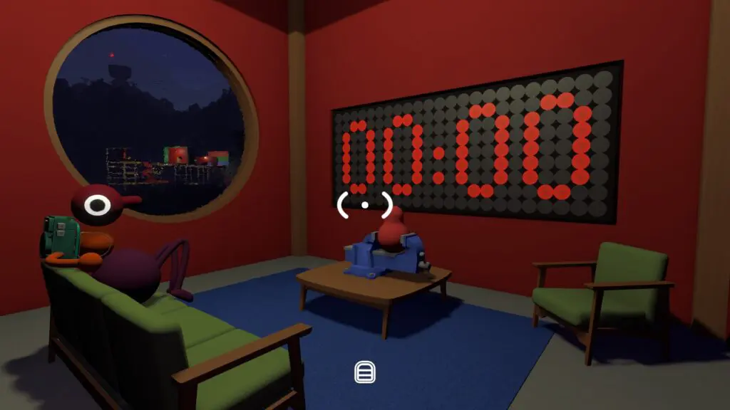 Inside the locked room, players wait beside furniture under the illuminated five-minute display