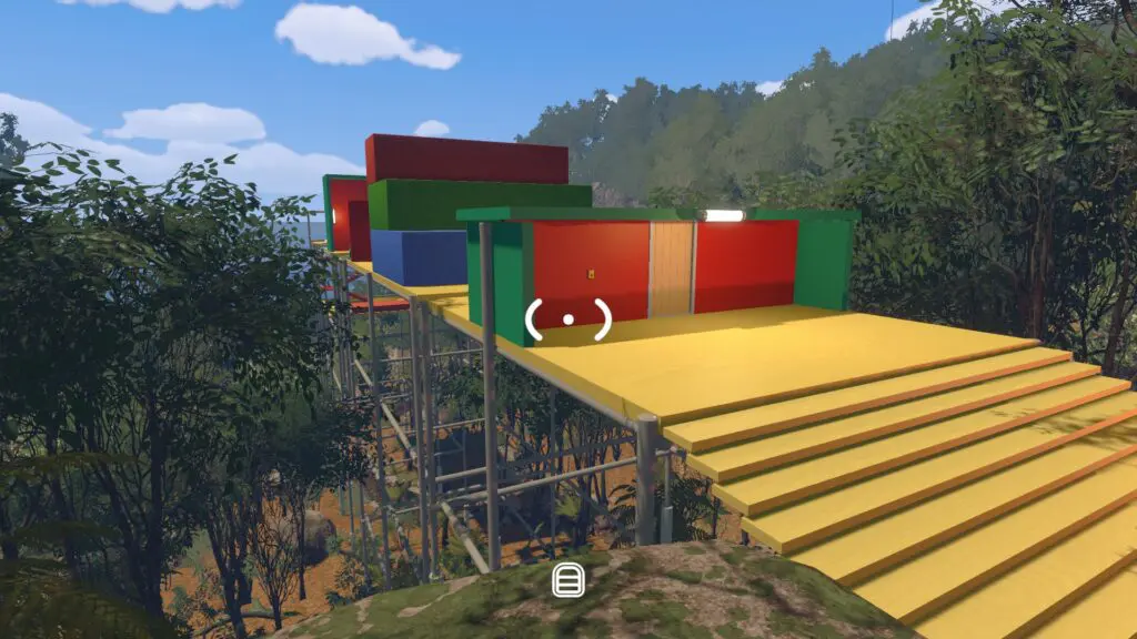 The obstacle course begins with yellow stairs and a red-and-green doorway