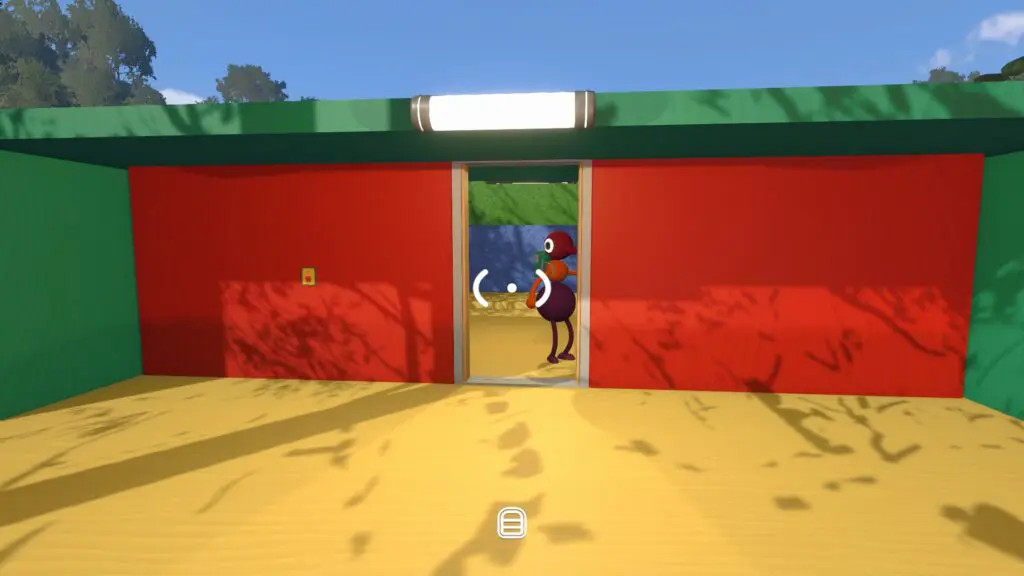 A player waits inside while another approaches a doorway controlled by side buttons