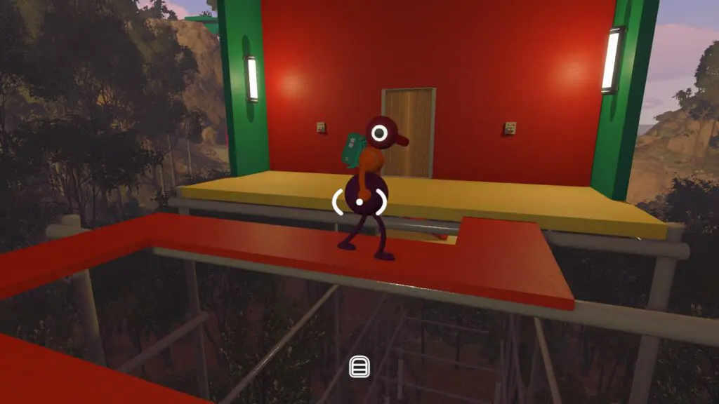 A player reaches the red walkway in front of two synchronized wall controls