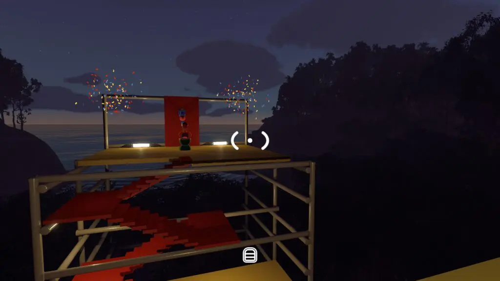 Confetti fires around the far platform after the timer is seated