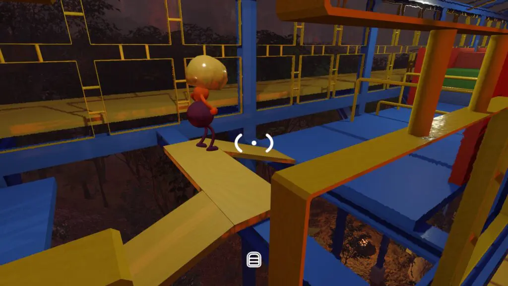 The golden-head wearer balances along narrow yellow walkways inside the course