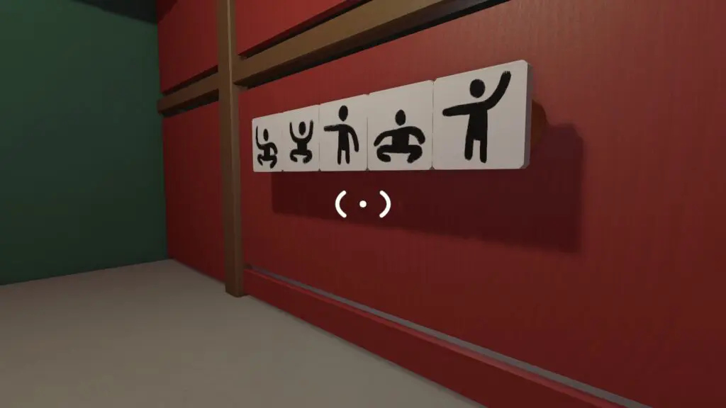 Five pose pieces are arranged left to right on the charades answer rail