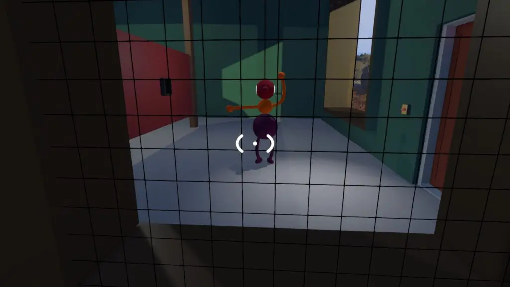 A locked-in player performs an arm gesture behind the charades viewing mesh