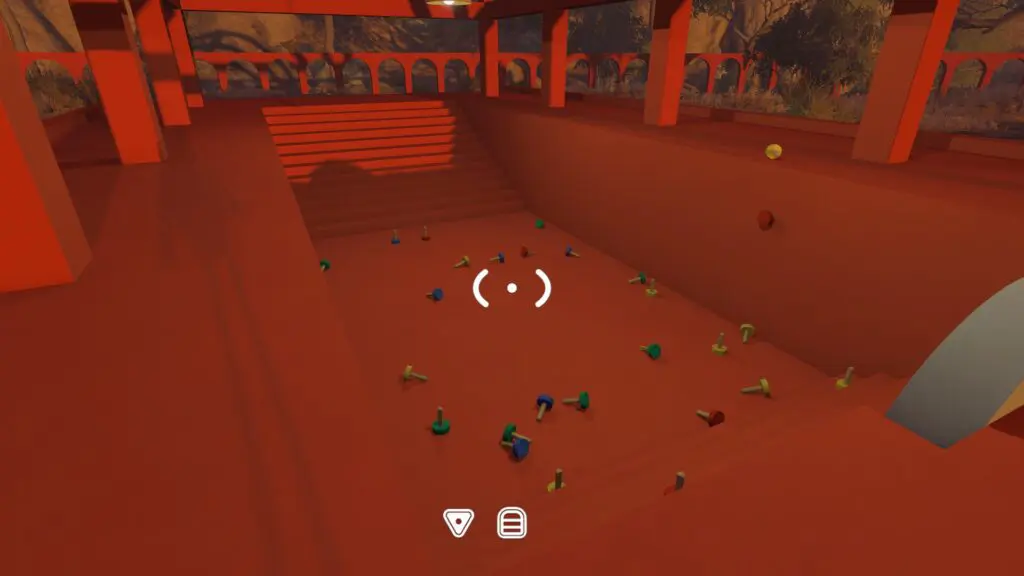 Many small red, blue, green, and yellow collection pieces lie on the arena floor