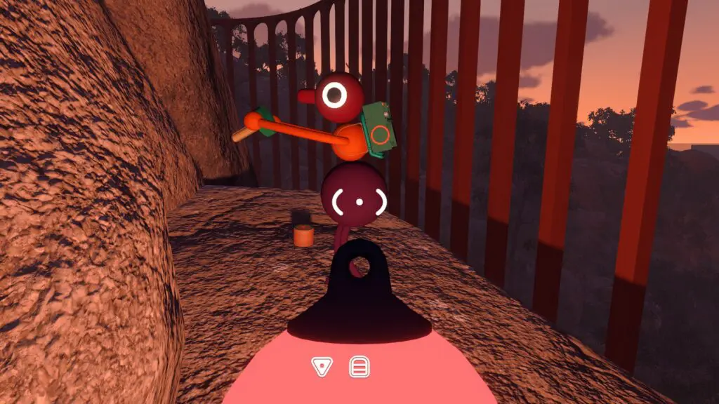 A player collects a piece from a narrow ledge beside the tall orange rail wall