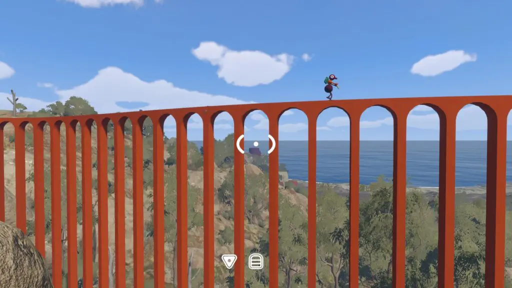 A player runs along the top of the tall orange rail to reach elevated pieces