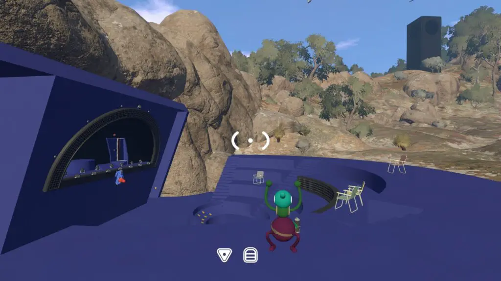 The stage has seven audience buttons facing a lit performance arch