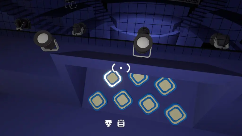 Seven white stage-direction positions are lit in a curved pattern inside the booth