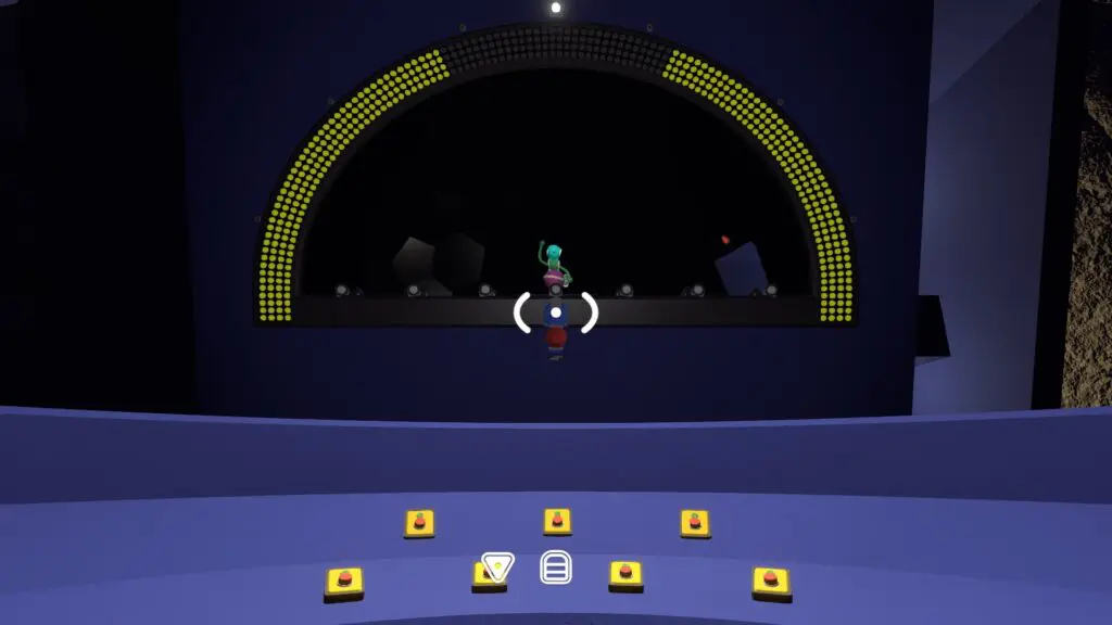 Seven yellow stage buttons face the performer under the illuminated arch