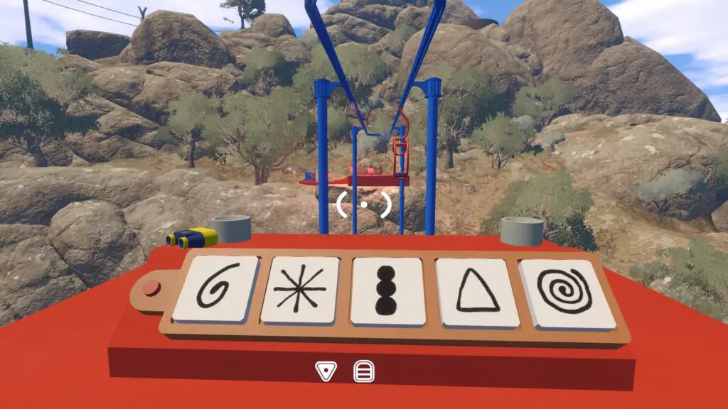 Five symbol pieces are placed in order on the far aerial-chair answer board