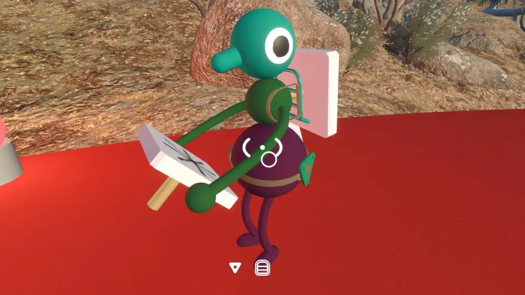 A backpacked player carries multiple symbol pieces for the aerial-chair challenge